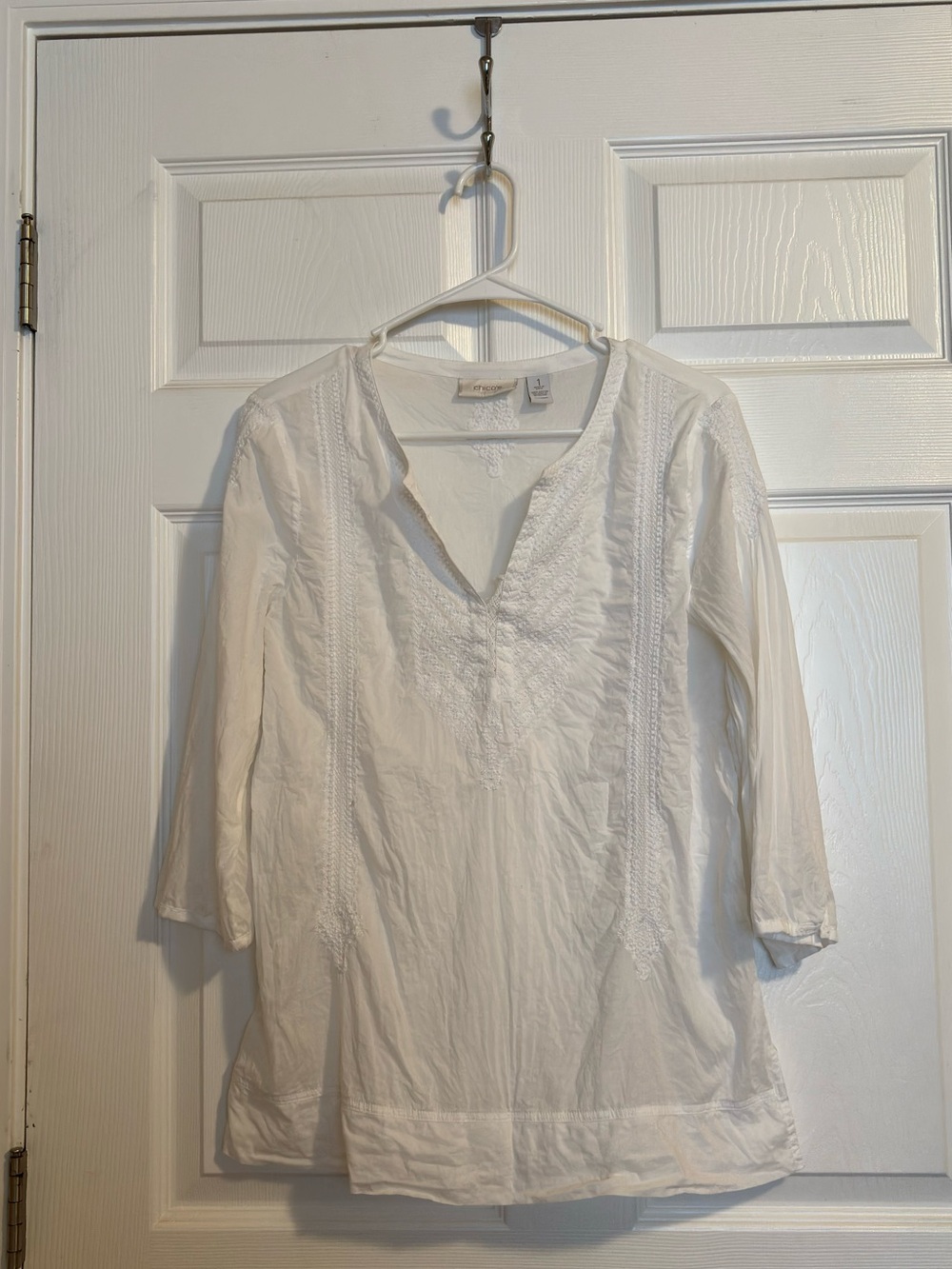Chico's White Embroidered V-Neck Tunic